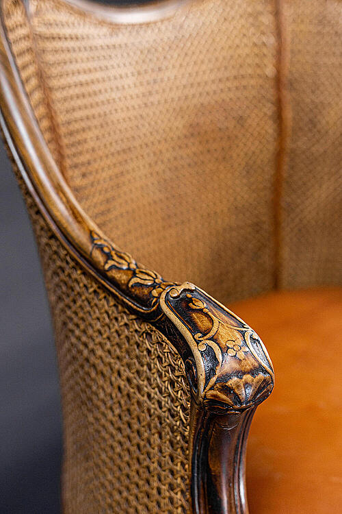Кресло-бержер "Серпантин", резьба по дереву, ротанг, кожа, Франция, рубеж XIX- XX века