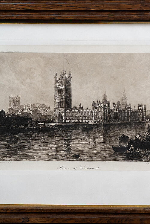 Гравюра "Английский Парламент", Lucien Gautier, бумага, стекло,Франция, рубеж XIX-XX вв
