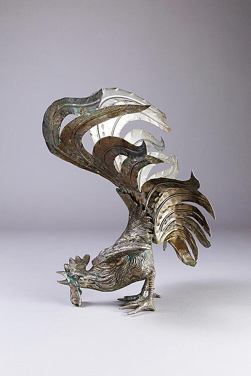 Скульптура "Петушиный бой", бронза, серебрение, середина XX века