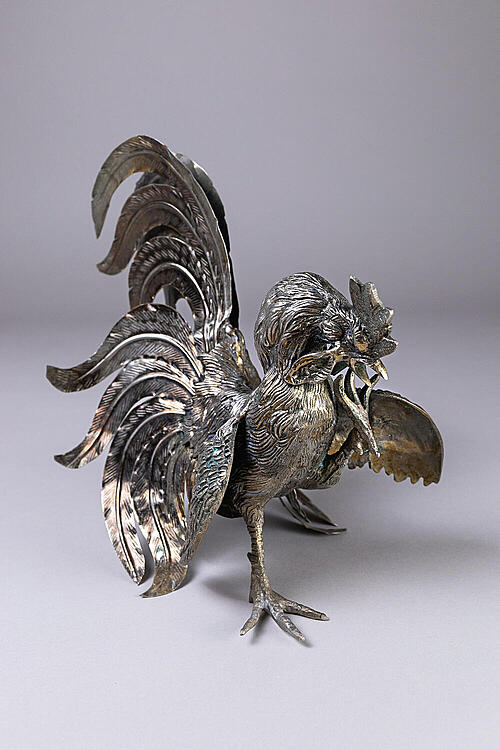 Скульптура "Петушиный бой", бронза, серебрение, середина XX века
