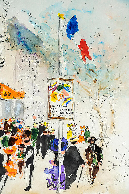 Картина "В кафе", Urbain Huchet, акварель, тушь, Франция, 1960-1990 гг.