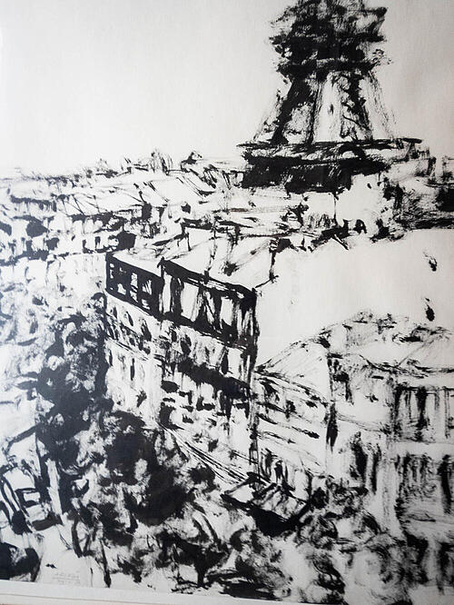 Графика "Эйфелева башня", подпись автора, рисунок тушью, Франция, середина XX века