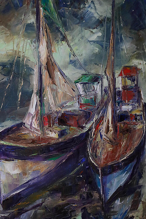 Картина "Лодки" холст, масло, подпись художника, Франция, середина XX века. 