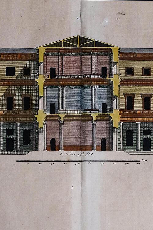 Гравюра цветная "Архитектурный план", по проекту Иниго Джонса, Лондон, Англия, середина XVIII века