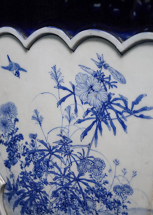 Кашпо антикварное "Цветы и птицы", керамика, фарфор, ручная роспись, Япония, начало XX века