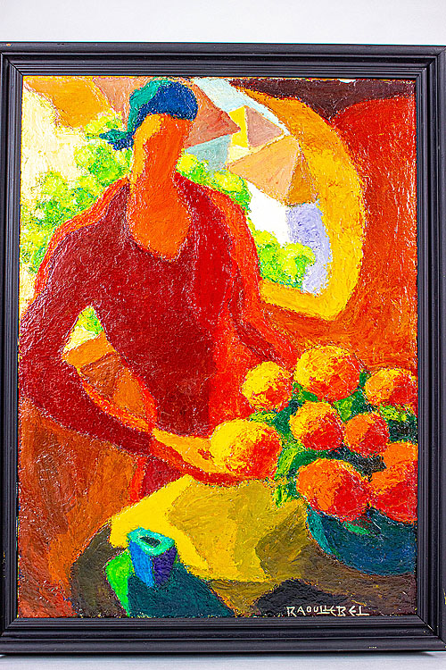 Картина "Цветы и девушка", Рауль Лебель, холст, масло, середина XX века