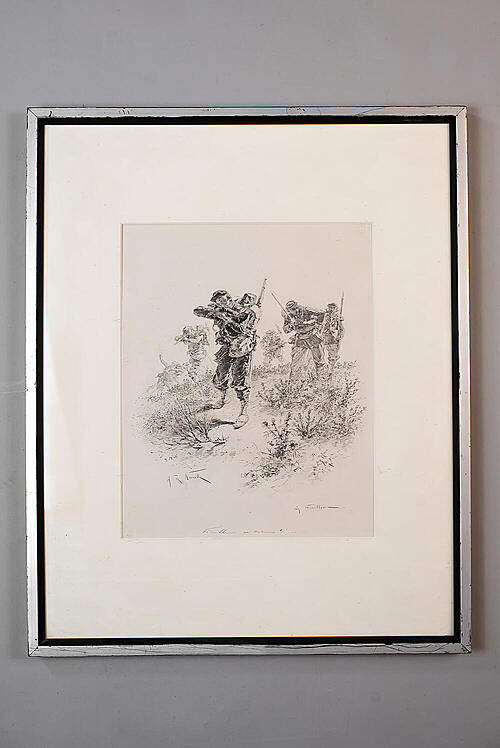 Литография "Пехота", паспарту, стекло, Франция, первая половина XX века