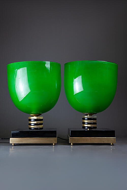 Лампы парные винтажные "Verde", муранское стекло, латунь, Италия, 1980е.